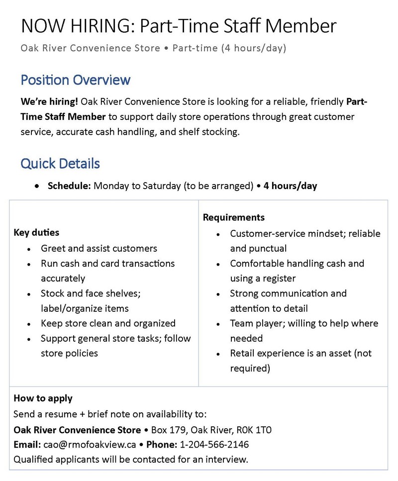 Job_Description_Part_Time_Staff_for_Oak_River_Store_Poster